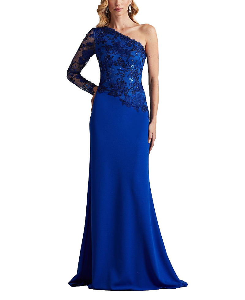 Tadashi Shoji One-shoulder Embroidered Sequin Lace Gown In Blue