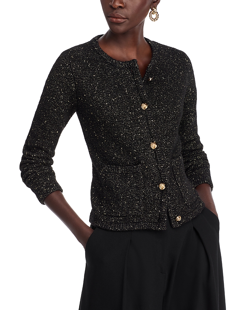 T Tahari Crewneck Metallic Cardigan In Black/gold