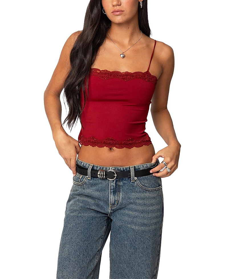 Edikted Cruella Lace Trim Crop Camisole In Burgundy