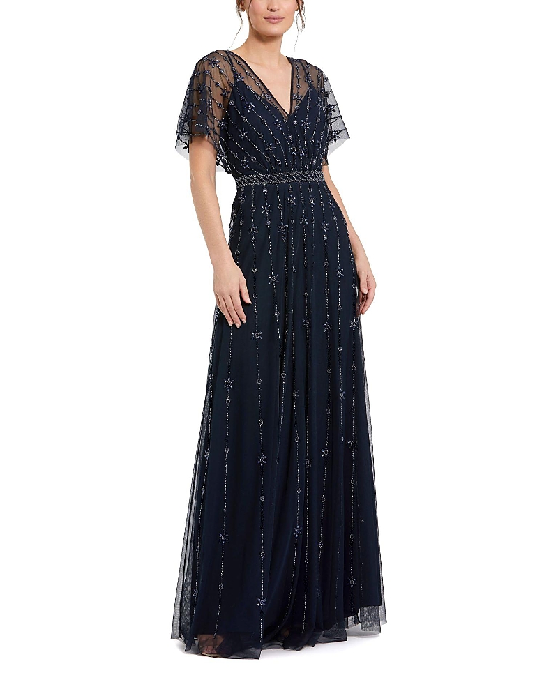 Mac Duggal V Neck Embellished Flutter Sleeve A Line Gown In Midnight