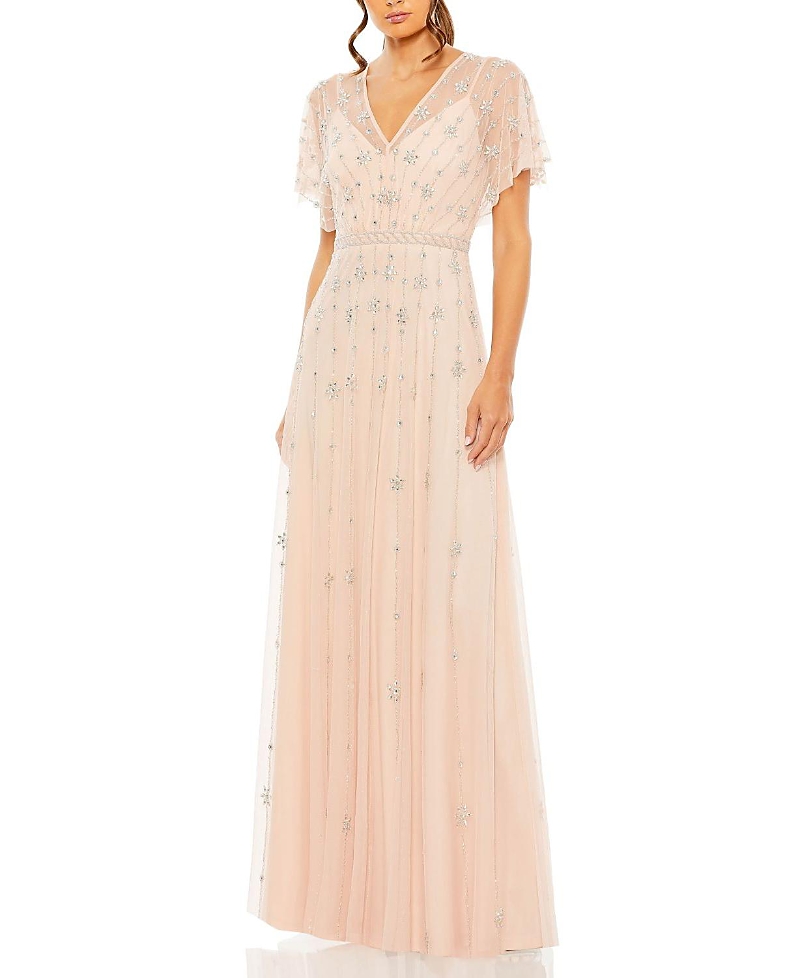 Mac Duggal V Neck Embellished Flutter Sleeve A Line Gown In Rose