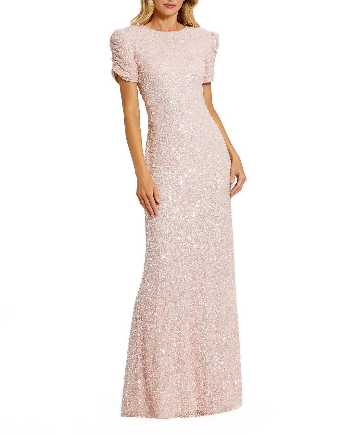 Mac Duggal Gathered Short Sleeve Beaded Gown