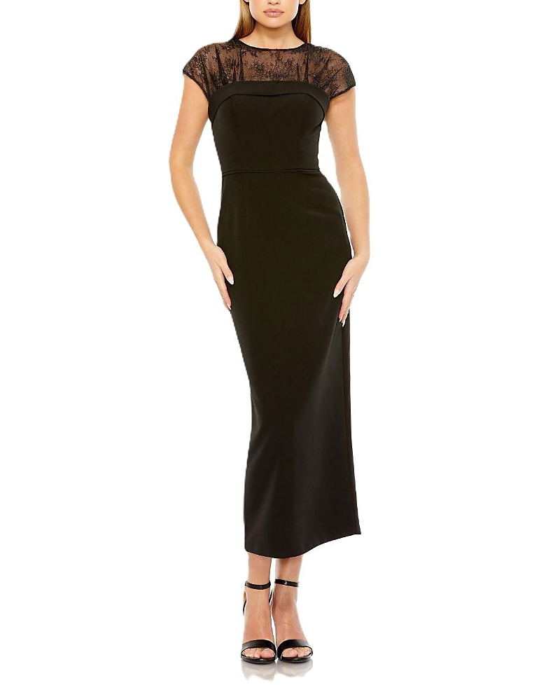 Mac Duggal 49799 Sheer Lace Top Crepe Midi Dress In Black