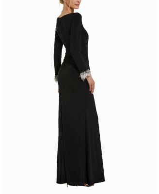 Long Sleeve Jersey Gown With Beaded Cuff Sleeves