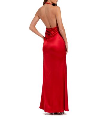 Fitted Satin Sleeveless Halter Gown with 3D Flower