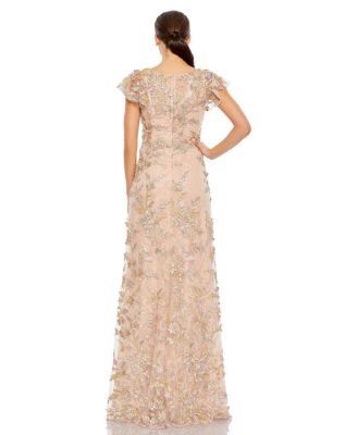 Embroidered Applique Wrap Over Flutter Sleeve Gown
