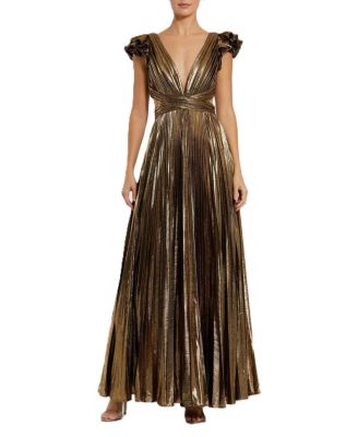 Ruffle Sleeve Cutout Pleated Metallic Gown