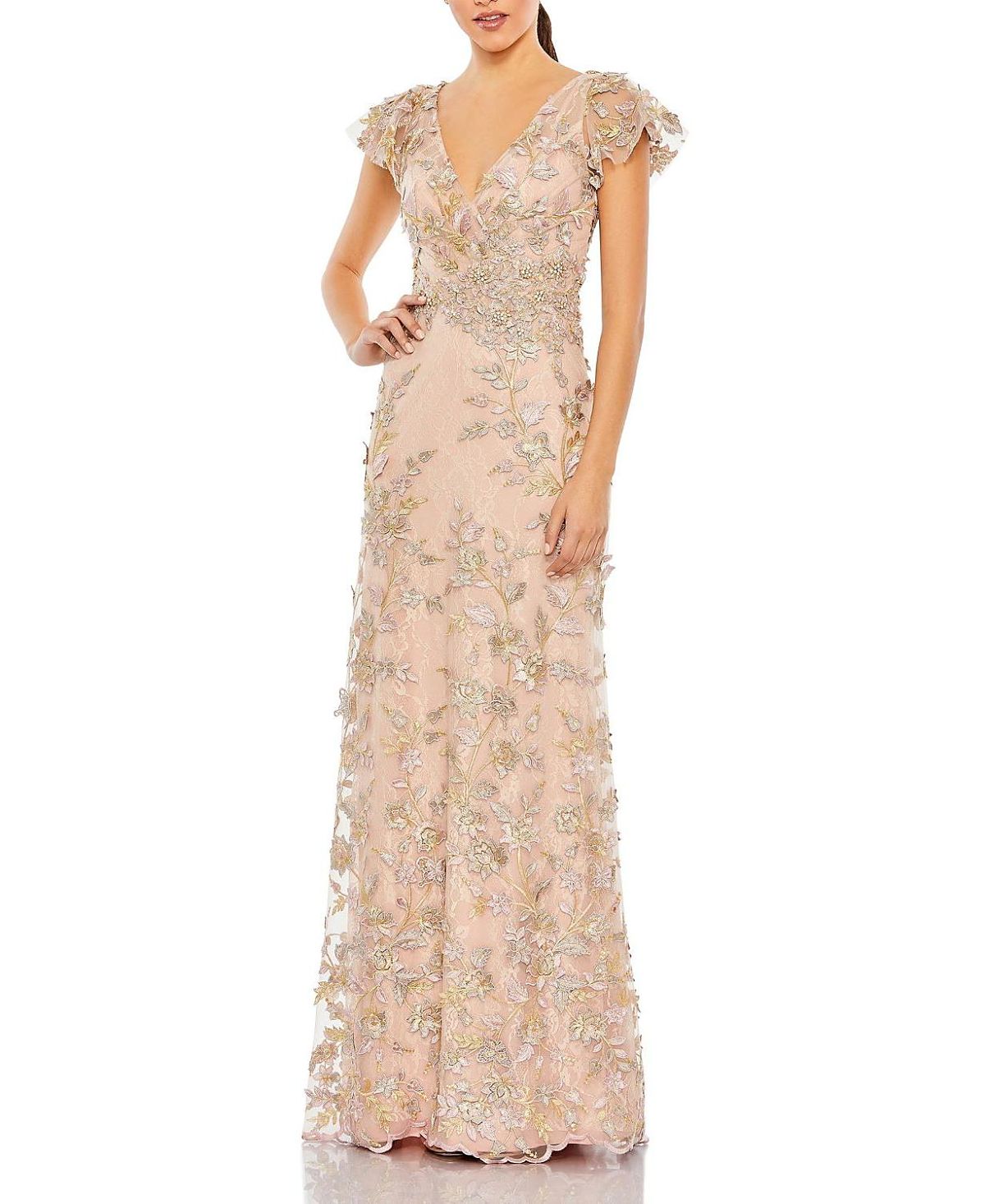 Mac Duggal Embroidered Applique Wrap Over Flutter Sleeve Gown