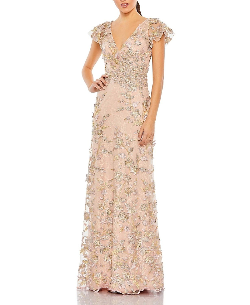 Mac Duggal Embroidered Applique Wrap Over Flutter Sleeve Gown In Rose Gold