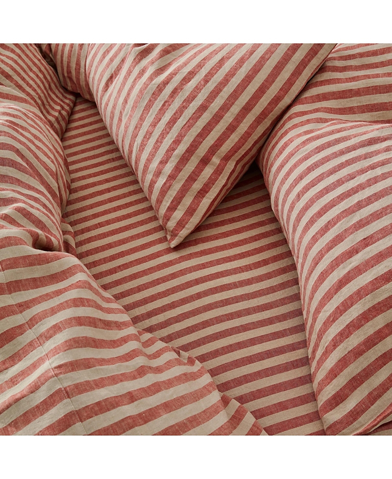Piglet In Bed Pembroke Stripe Linen Blend Fitted Sheet, Queen In Sandstone Red