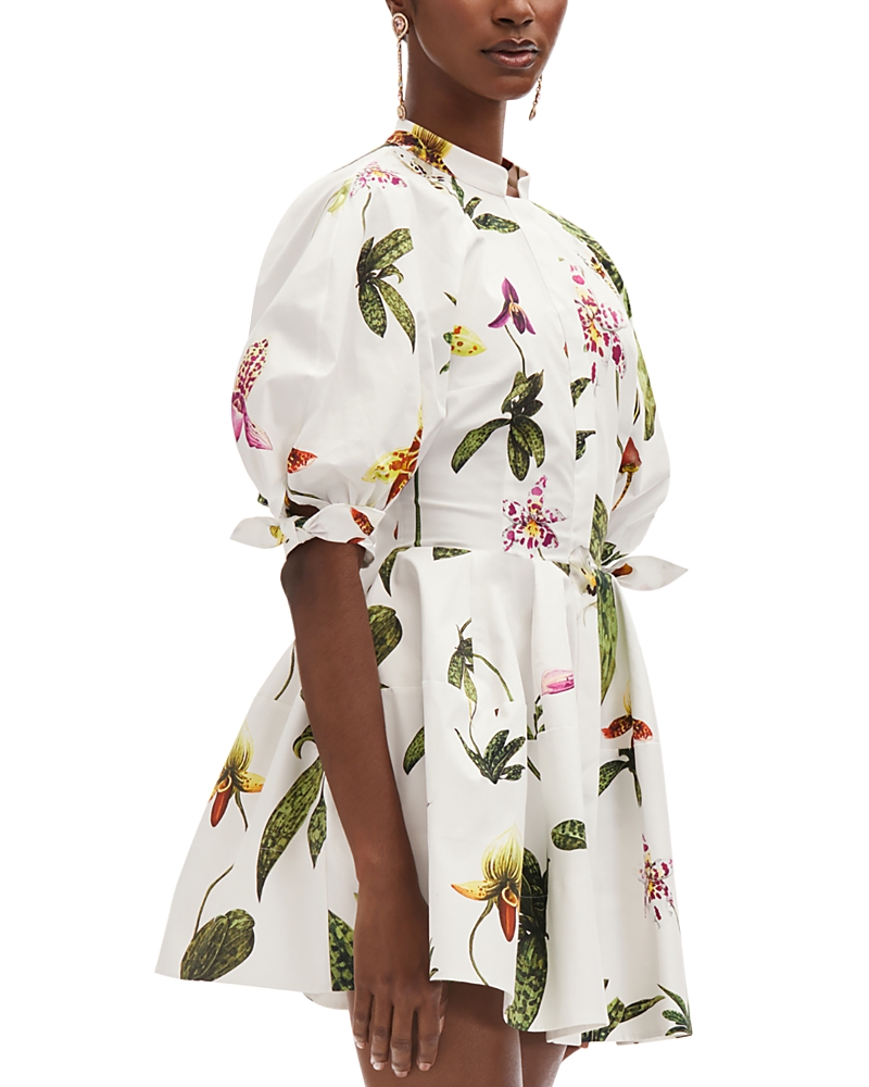 Oscar De La Renta Puff Sleeve Open Back Button Front Orchid Poplin Dress In White Multi
