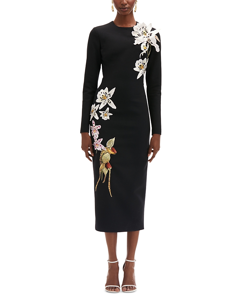 Shop Oscar De La Renta Orchid Embroidered Long Sleeve Dress In Black
