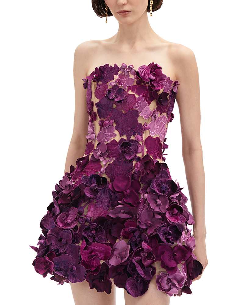 Oscar De La Renta Strapless Satin Orchid Embroidered Cocktail Dress In Plum