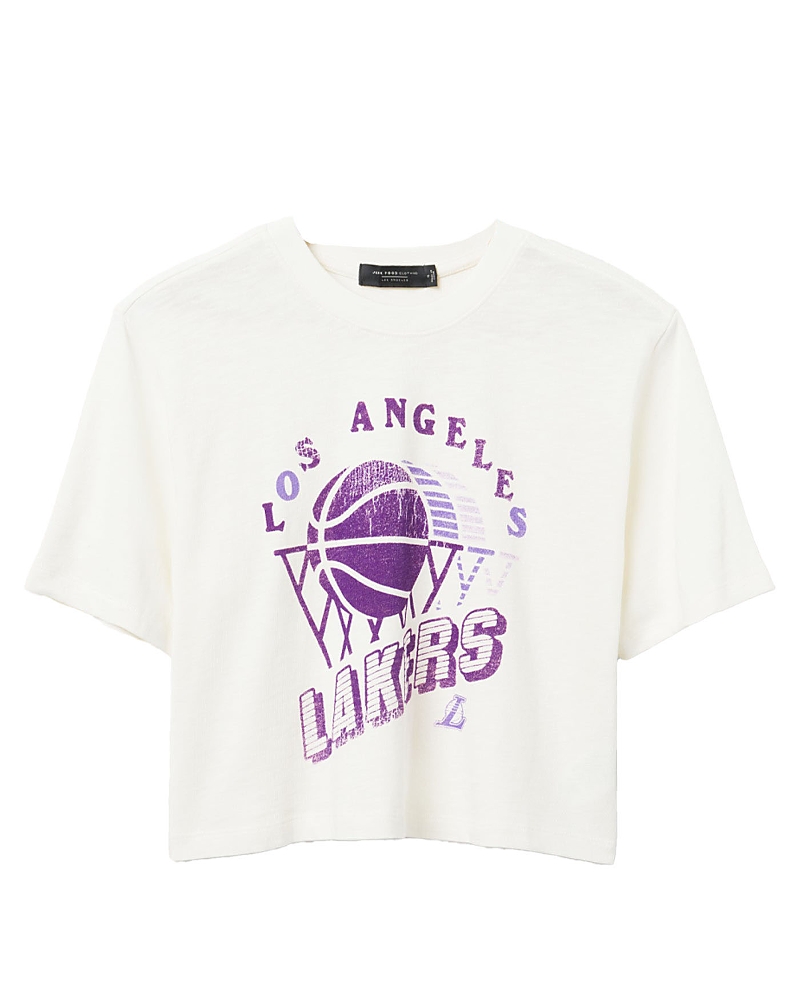 JUNK FOOD CLOTHING WOMEN'S NBA LOS ANGELES LAKERS SHORT SLEEVE MOCK NECK CROP TEE
