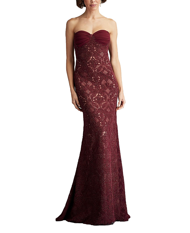 Tadashi Shoji Kohli Strapless Lattice Embroidered Gown In Wine