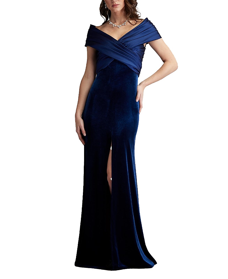 Tadashi Shoji Bal24730l Pleated Long Formal Velvet Evening Dress In Blue