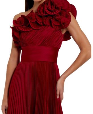 Pleated Charmeuse One Shoulder Ruffle Gown