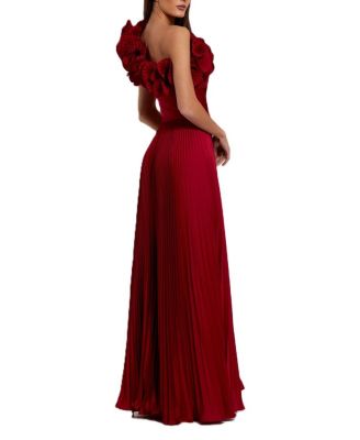 Pleated Charmeuse One Shoulder Ruffle Gown
