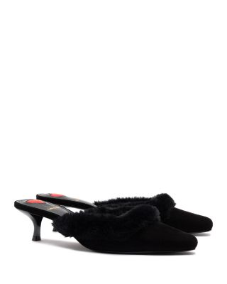 Larroudé - Women's Amal Faux Fur Trim Tan Slide Pumps