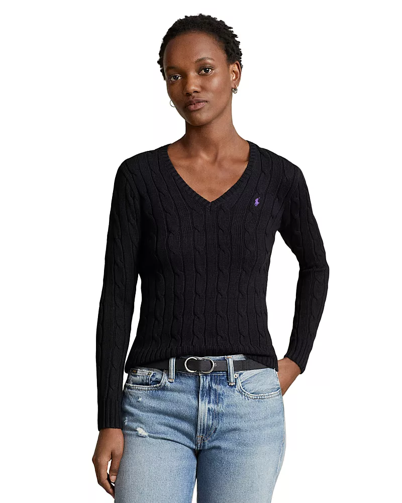 Polo Ralph Lauren Women's Cable Knit Cotton V Neck Sweater