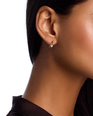 14K Yellow Gold Nested Prong Cultured Freshwater Pearl Double Wire Hoop Earrings