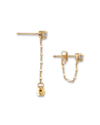 14K Yellow Gold Square Bead Chain Cultured Freshwater Pearl Earrings