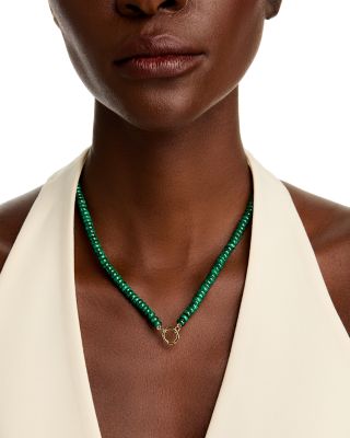 14K Yellow Gold Malachite Beads Necklace, 16-18"