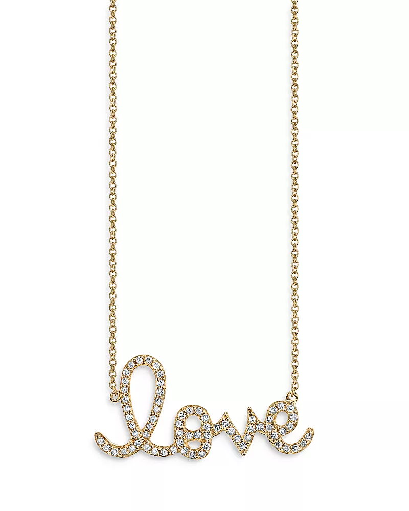 Sydney Evan 14K Yellow Gold Diamond Large Love Script Pendant Necklace, 18