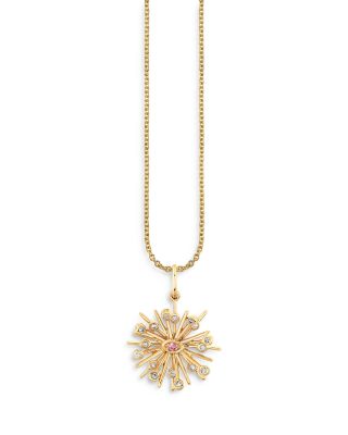 Sydney Evan - 14K Yellow Gold Wicked Glinda Wand Diamond & Pink Sapphire Burst Charm Necklace, 18"