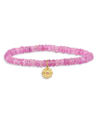 Sydney Evan - 14K Yellow Wicked Glinda Pure Flower Charm Pink Beaded Bracelet