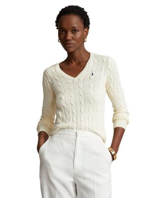 Women's Cable Knit Cotton V Neck Sweater