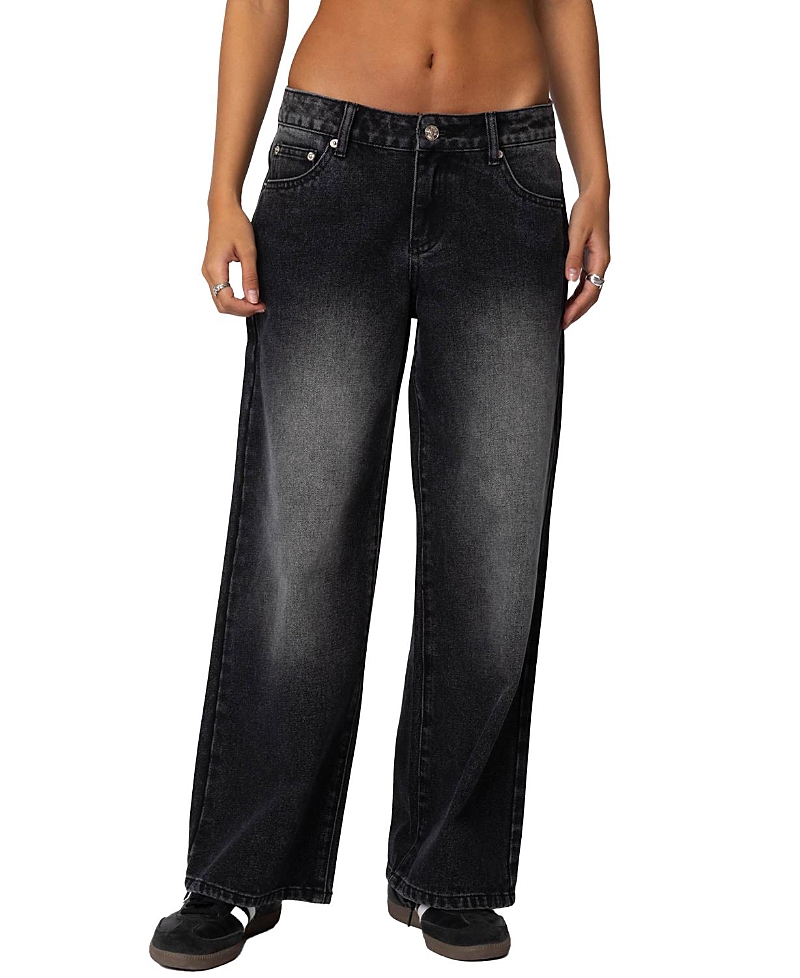 Shop Edikted Petite Magda Low Rise Acid Wash Jeans In Black Washed