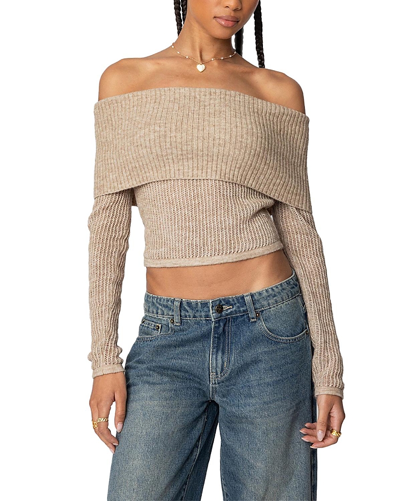 Edikted Lili Rib Off The Shoulder Crop Sweater In Beige