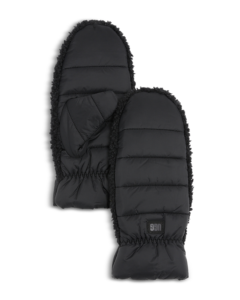 Ugg Womens Fluff Borg-trim Padded Ripstop Mittens Black In Black