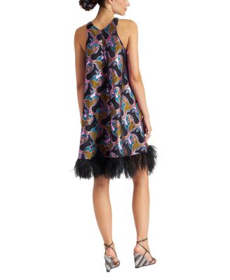 La Fenice Mini Dress in Spritz Blue Petro with Feathers