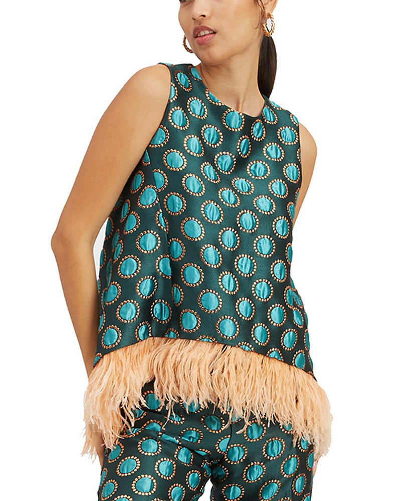 La Doublej La Scala Iconic Feather-trim Top In Jacquard Winter Sun Emerald