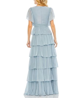 Flutter Sleeve Ruffle Tiered Gown