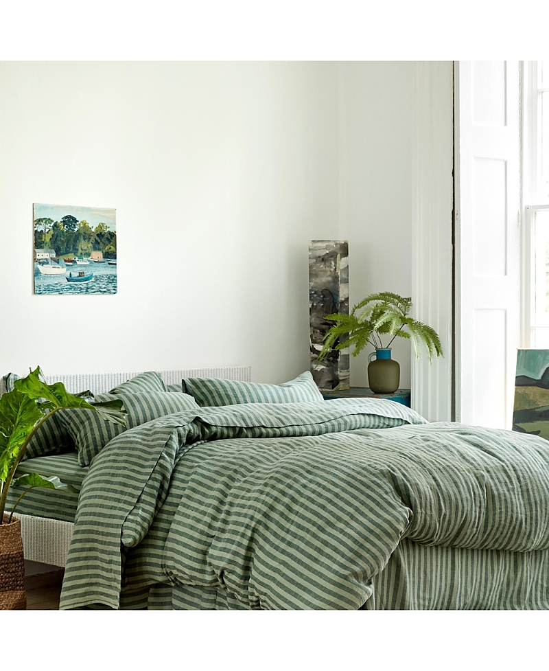 Piglet In Bed Pembroke Stripe Linen Blend Fitted Sheet, California King In Pine Green
