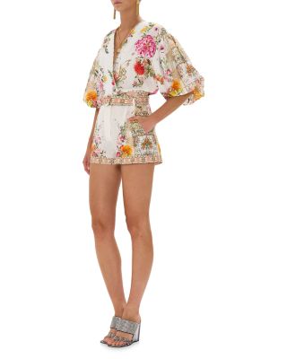 Linen Floral Print Belted Shorts in Egyptian Rose