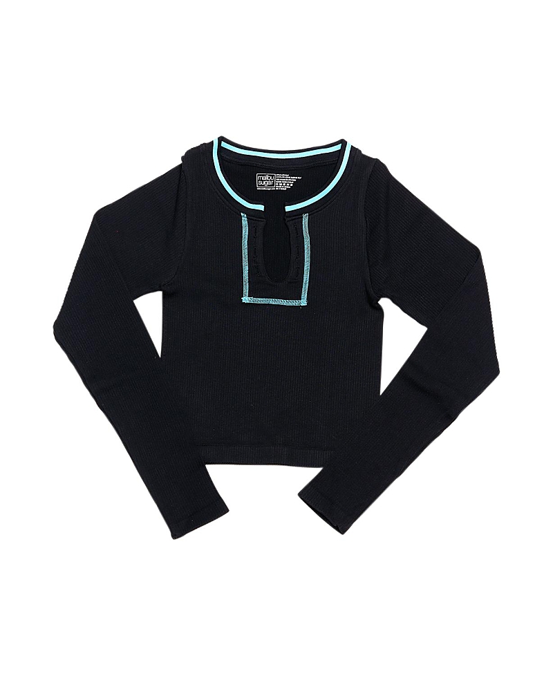 Malibu Sugar Girls' Long Sleeve Ribbed Seamless Top With Contrast Stitching (8-14) - Big Kid In Black-new Sky Blue