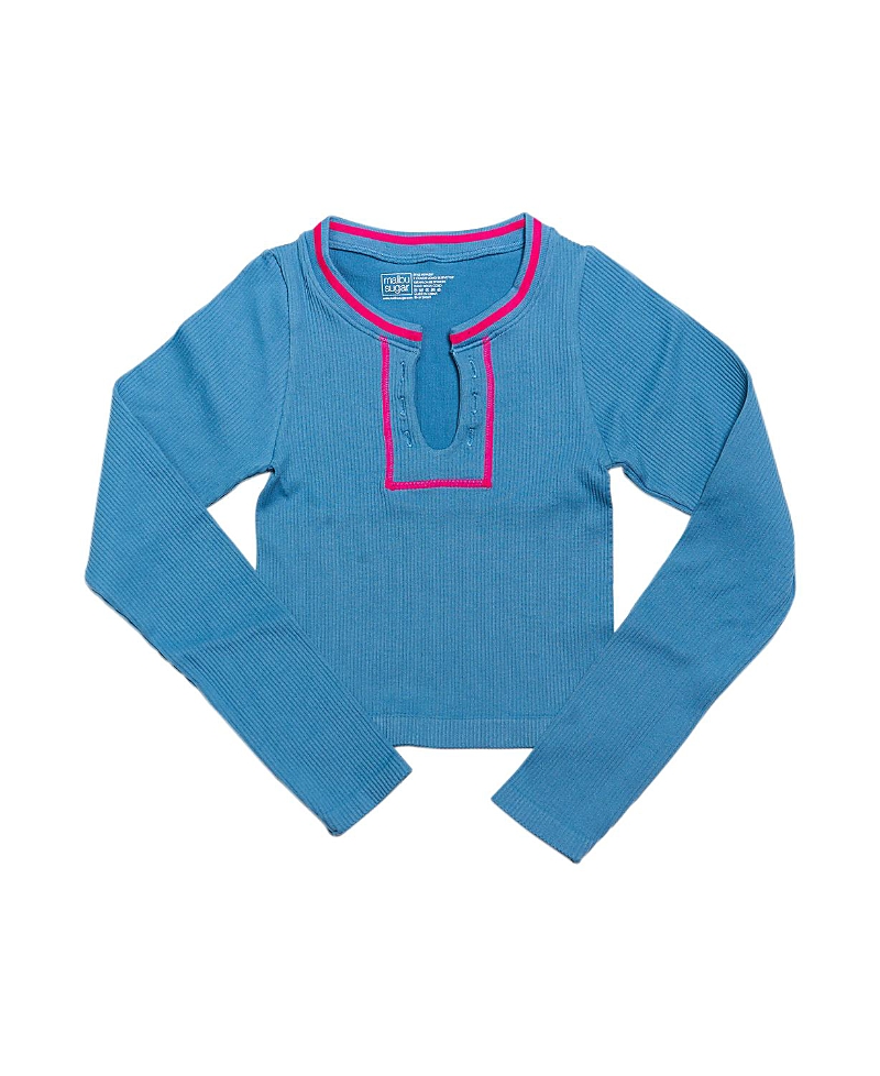 Malibu Sugar Girls' Long Sleeve Ribbed Seamless Top With Contrast Stitching (8-14) - Big Kid In Denim Blue-neon Pink