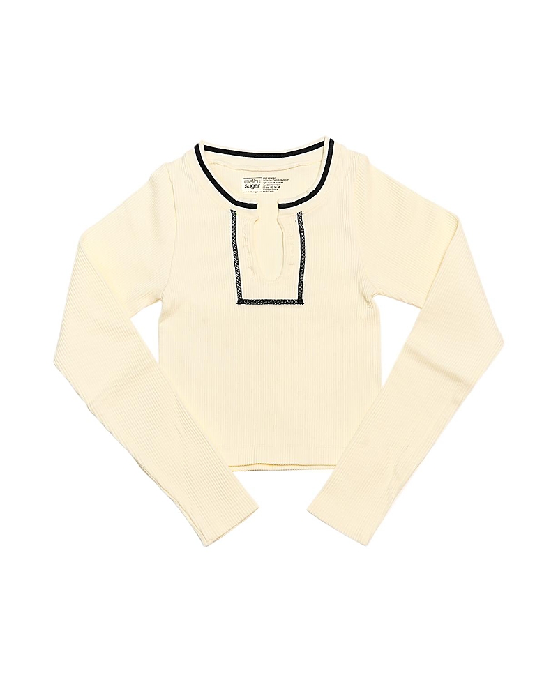 Malibu Sugar Girls' Long Sleeve Ribbed Seamless Top With Contrast Stitching (8-14) - Big Kid In Winter White-black