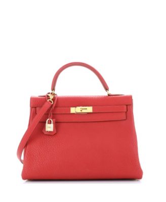 Pre-Owned Hermes Kelly 32 Handbag Red Fjord with Gold Hardware