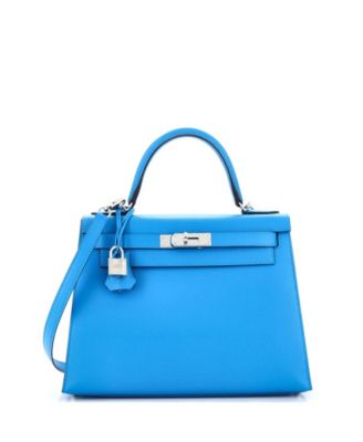 Pre-Owned Hermes Kelly 28 Handbag Blue Epsom with Palladium Hardware