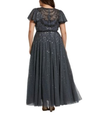  Plus Sheer Flutter Sleeve Beaded Fluffy Net Gown