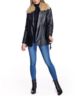 Leather Moto Jacket with Detachable Shearling Collar