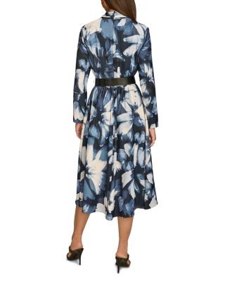 Belted Long Sleeve Midi Satin Dress