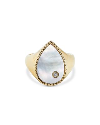 Yvonne Léon - 9K Yellow Gold Diamond & Mother of Pearl Pear Signet Ring