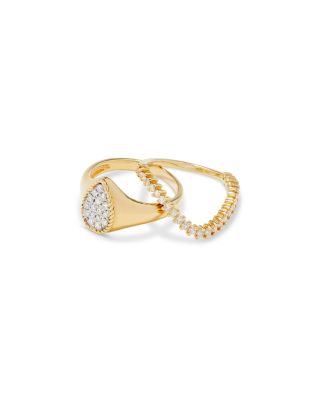 Yvonne Léon - 9K Yellow Gold Grey Diamond Mini Wave Ring & Grey Diamond Pear Signet Ring Set