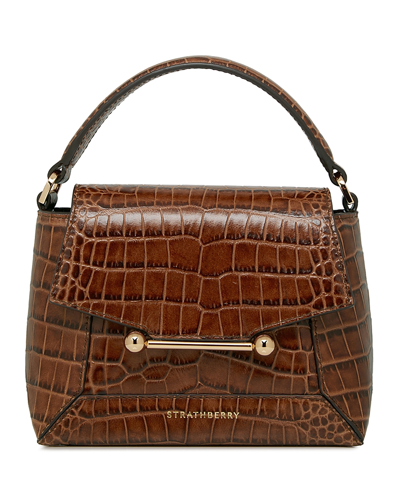 Strathberry Mosaic Nano Croc Leather Top-handle Bag In Walnut/light Gold